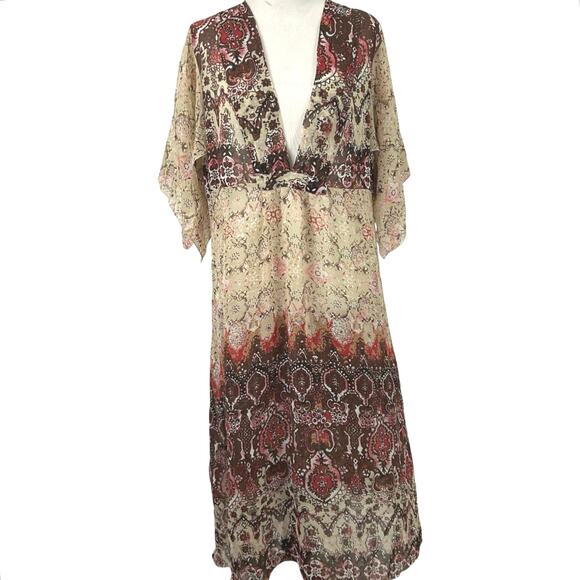 Bay Studio Dresses & Skirts - Bay Studio Women Short Sleeve Boho Hippie Fairy Midi Dress Sheer Brown Large